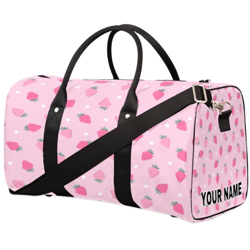 Personalisierte Reisetasche, Sporttasche, Reisetasche, faltbar, Tanztasche, Wochenendtasche, Übernachtungstasche, Handgepäck, Handtasche für Damen und Herren, rosa Früchte, Erdbeere, weiße Punkte, von cfpolar