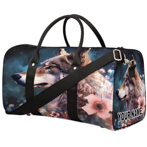 Personalisierte Reisetasche, Sporttasche, Sporttasche, Reisetasche, faltbar, Tanztasche, Wochenendtasche, Übernachtungstasche, Handgepäck, Handtasche für Damen und Herren, Tierwolf, rosa Blumen, von cfpolar