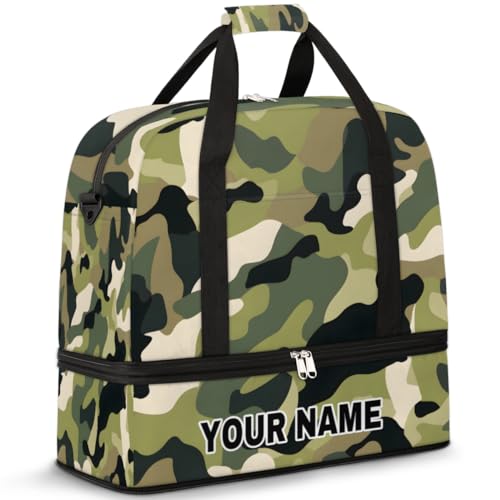 Personalisierte Reisetasche für Damen und Herren, personalisierbar, Sporttasche mit Schuhfach, faltbare Tanztasche, Wochenendtasche, Übernachtungstasche, Grün/Schwarz, Camouflage, Grün, Schwarz, von cfpolar