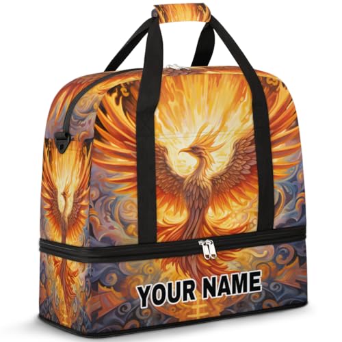 Personalisierte Reisetasche für Damen und Herren, personalisierbar, Sporttasche mit Schuhfach, faltbare Tanztasche, Wochenendtasche, Übernachtungstasche, Phoenix, Feuer, Flamme, Ethno-Muster, Phoenix von cfpolar