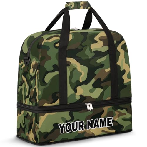 Personalisierte Reisetasche für Damen und Herren, personalisierbar, Sporttasche mit Schuhfach, faltbare Tanztasche, Wochenendtasche, Übernachtungstasche, Schwarz/Grün, Camouflage, von cfpolar