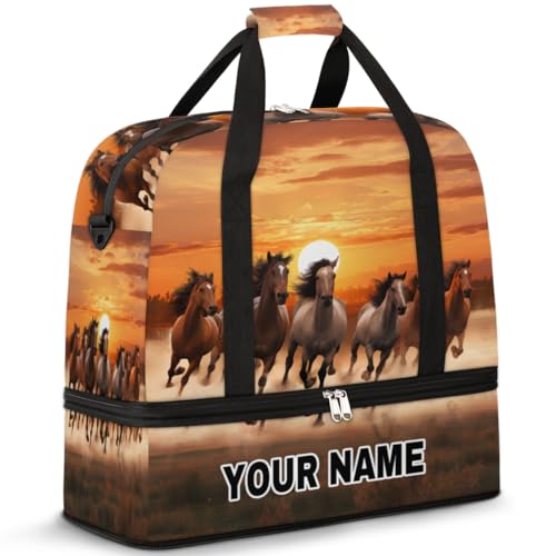 Personalisierte Reisetasche für Damen und Herren, personalisierbar, Sporttasche mit Schuhfach, faltbare Tanztasche, Wochenendtasche, Übernachtungstasche, Sonnenuntergang, Laufen, braune Pferde, Sunset von cfpolar