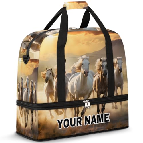 Personalisierte Reisetasche für Damen und Herren, personalisierbar, Sporttasche mit Schuhfach, faltbare Tanztasche, Wochenendtasche, Übernachtungstasche, Sonnenuntergang, Laufen, weiße Pferde, Sunset von cfpolar