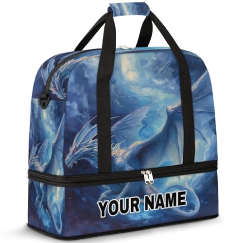 Personalisierte Reisetasche für Damen und Herren, personalisierbar, Sporttasche mit Schuhfach, faltbare Tanztasche, Wochenendtasche, Übernachtungstasche, fliegender blauer Eisdrache, Flying Blue Ice von cfpolar