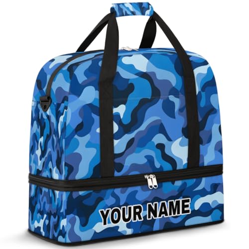 Personalisierte Reisetasche für Damen und Herren, personalisierbar, Sporttasche mit Schuhfach, faltbare Tanztasche, Wochenendtasche, Übernachtungstaschen, Blau / Schwarz, Blau, Schwarz, Camouflage, von cfpolar