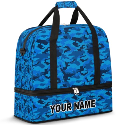 Personalisierte Reisetasche für Damen und Herren, personalisierbar, Sporttasche mit Schuhfach, faltbare Tanztasche, Wochenendtasche, Übernachtungstaschen, Blau Camouflage, blau (tarnfarben), von cfpolar