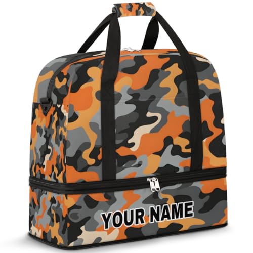 Personalisierte Reisetasche für Damen und Herren, personalisierbar, Sporttasche mit Schuhfach, faltbare Tanztasche, Wochenendtasche, Übernachtungstaschen, Orange / Schwarz, Orange/Schwarz, Camouflage, von cfpolar