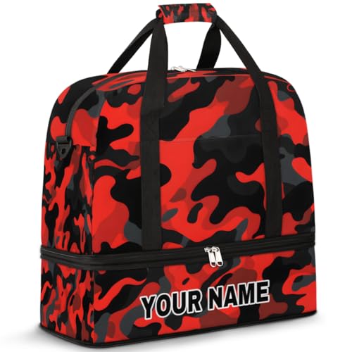 Personalisierte Reisetasche für Damen und Herren, personalisierbar, Sporttasche mit Schuhfach, faltbare Tanztasche, Wochenendtasche, Übernachtungstaschen, Rot / Schwarz, Rot, Schwarz, Camouflage, von cfpolar