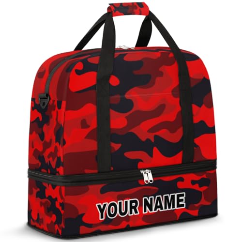 Personalisierte Reisetasche für Damen und Herren, personalisierbar, Sporttasche mit Schuhfach, faltbare Tanztasche, Wochenendtasche, Übernachtungstaschen, Schwarz und Rot Camouflage, Schwarz und Rot von cfpolar