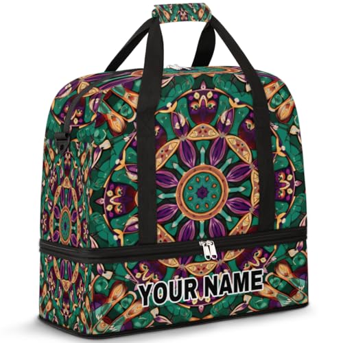 Personalisierte Reisetasche für Damen und Herren, personalisierbar, Sporttasche mit Schuhfach, faltbare Tanztasche, Wochenendtasche, Übernachtungstaschen, grün/violette Mandala-Blumen, Grüne lila von cfpolar