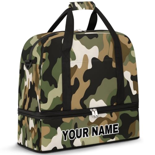 Personalisierte Reisetasche für Damen und Herren, personalisierbar, Sporttasche mit Schuhfach, faltbare Tanztasche, Wochenendtasche, Übernachtungstaschen, grün-schwarzes Camouflage-Muster, Grünes von cfpolar