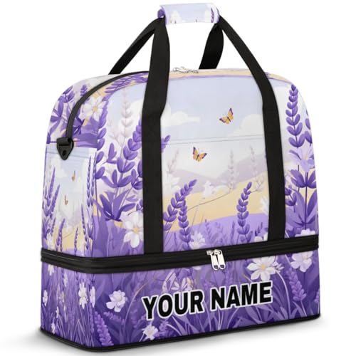 Personalisierte Reisetasche für Damen und Herren, personalisierbar, Sporttasche mit Schuhfach, faltbare Tanztasche, Wochenendtasche, Übernachtungstaschen, lila weiße Blumen und Schmetterlinge, von cfpolar