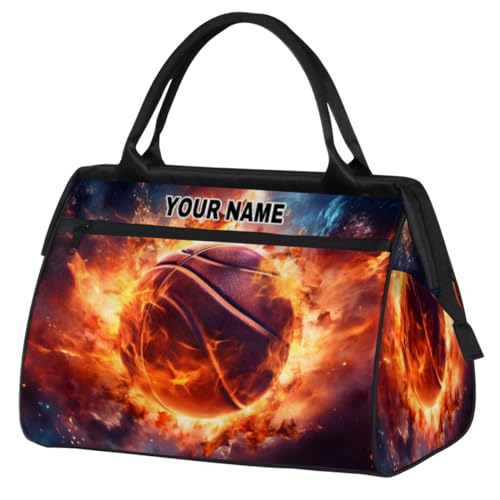 Personalisierte Reisetasche für Damen und Herren, personalisierbar, wasserdicht, Sporttasche, Turnbeutel, Wochenendtasche, Übernachtungstasche, Handgepäcktasche, Sport-Basketball, brennendes Feuer, von cfpolar