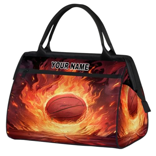 Personalisierte Reisetasche für Damen und Herren, personalisierbar, wasserdicht, Sporttasche, Wochenendtasche, Übernachtungstasche, Handgepäcktasche, Feuersport, Basketball-Muster, von cfpolar