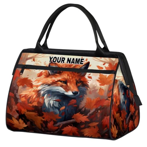 Personalisierte Reisetasche für Damen und Herren, personalisierbar, wasserdicht, Sporttasche, Wochenendtasche, Übernachtungstasche, Handgepäcktasche, Herbst-Ahornblätter, Wolf, Herbst-Ahornblätter, von cfpolar