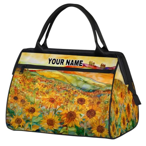 Personalisierte Reisetasche für Damen und Herren, personalisierbar, wasserdicht, Sporttasche, Wochenendtasche, Übernachtungstasche, Handgepäcktasche, Sonnenblumen, bunte Berge, Sonnenblumen, bunte von cfpolar