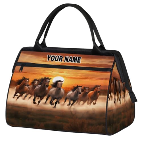 Personalisierte Reisetasche für Damen und Herren, personalisierbar, wasserdicht, Sporttasche, Wochenendtasche, Übernachtungstasche, Handgepäcktasche, Sonnenuntergang, Laufen, braune Pferde, Sunset von cfpolar