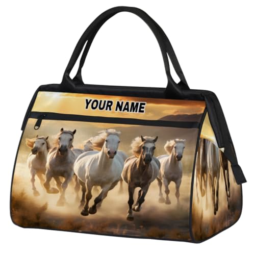 Personalisierte Reisetasche für Damen und Herren, personalisierbar, wasserdicht, Sporttasche, Wochenendtasche, Übernachtungstasche, Handgepäcktasche, Sonnenuntergang, Laufen, weiße Pferde, Sunset von cfpolar