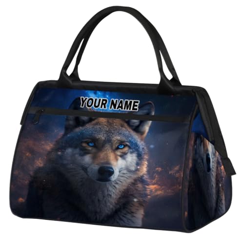 Personalisierte Reisetasche für Damen und Herren, personalisierbar, wasserdicht, Sporttasche, Wochenendtasche, Übernachtungstasche, Handgepäcktasche, Tier, Feuer, Wolf, Sternenhimmel, Animal Fire Wolf von cfpolar