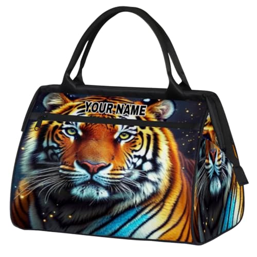 Personalisierte Reisetasche für Damen und Herren, personalisierbar, wasserdicht, Sporttasche, Wochenendtasche, Übernachtungstasche, Handgepäcktasche, Tier-Tigermotiv, goldfarbene Punkte, Animal Tiger von cfpolar