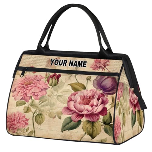 Personalisierte Reisetasche für Damen und Herren, personalisierbar, wasserdicht, Sporttasche, Wochenendtasche, Übernachtungstasche, Handgepäcktasche, Vintage-Blumen-Karten-Hintergrund, Hintergrund mit von cfpolar