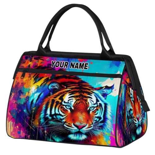 Personalisierte Reisetasche für Damen und Herren, personalisierbar, wasserdicht, Sporttasche, Wochenendtasche, Übernachtungstasche, Handgepäcktasche, Wasserfarben, Tiere, Tiger, bunt, Aquarell, Tier, von cfpolar