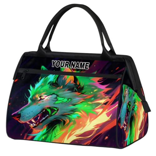 Personalisierte Reisetasche für Damen und Herren, personalisierbar, wasserdicht, Sporttasche, Wochenendtasche, Übernachtungstasche, Handgepäcktasche, grüner Feuerwolf, Green Fire Wolf, 15.2*8.3*11.6 von cfpolar