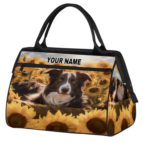 Personalisierte Reisetasche für Damen und Herren, personalisierbar, wasserdicht, Sporttasche, Wochenendtasche, Übernachtungstasche, Handgepäcktasche, niedliches Hunde-Sonnenblumenfeld, Niedliches von cfpolar