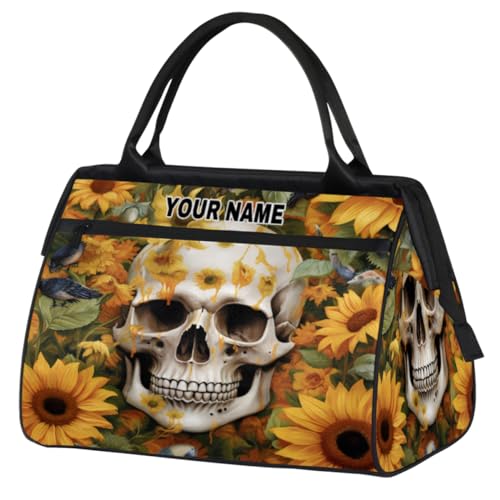 Personalisierte Reisetasche für Damen und Herren, personalisierbar, wasserdicht, Sporttasche, Wochenendtasche, Übernachtungstasche, Tragetasche, Totenkopf-Sonnenblumen, Vögel, Totenkopf-Sonnenblumen, von cfpolar