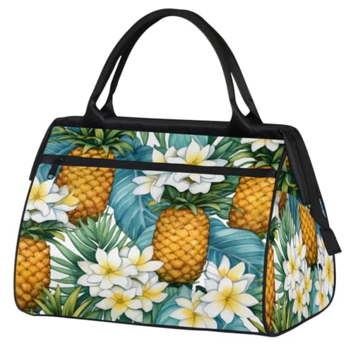 Pineapple Daisies Flowers Palm Leaf Gym Bag for Women Men, Travel Sports Duffel Bag with Trolley Sleeve, Waterproof Sports Gym Bag Weekender Overnight Bag Carry On Tote Bag for Gym Sport Travel, von cfpolar