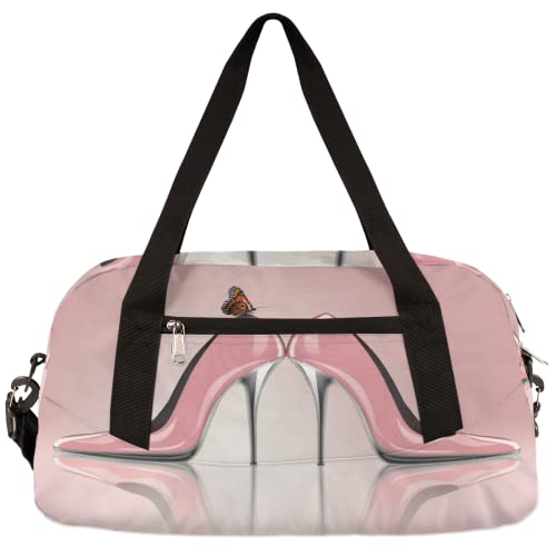 Pink High Heels Schmetterling Kinder Duffle Bag Mädchen Tanztasche Leicht Wasserabweisend Faltbar Sport Gym Bag Weekender Übernachtung Übernachtung Carry On Reisetasche für Jungen Mädchen von cfpolar