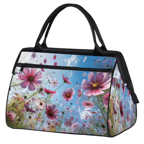 Pink White Daisy Flowers Gym Bag for Women Men, Travel Sports Duffel Bag with Trolley Sleeve, Waterproof Sports Gym Bag Weekender Overnight Bag Carry On Tote Bag for Travel Gym Sport, Rosa weiße von cfpolar