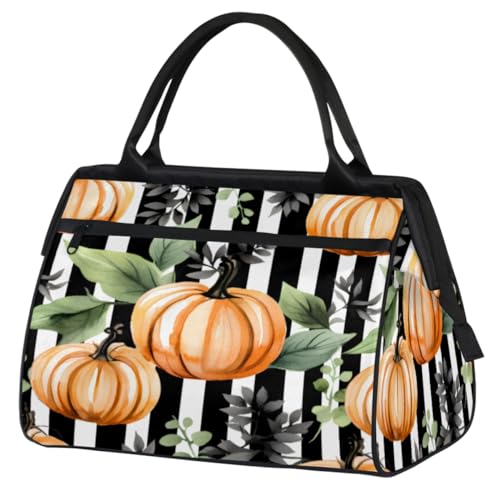 Pumpkin Leaves Schwarz Weiß Gestreifte Turnbeutel für Damen Herren, Reise Sport Duffel Bag mit Trolleyhülle, wasserdichte Sport Gym Bag Weekender Übernachtung Tasche Carry On Tote Bag für Reisen Gym von cfpolar