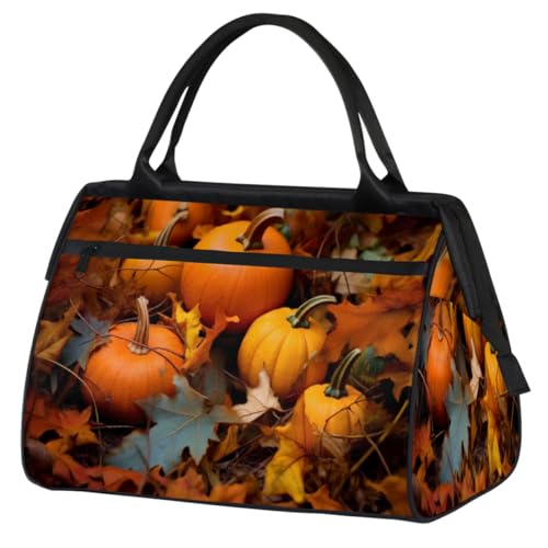 Pumpkin Maple Leaves Gym Bag for Women Men, Travel Sports Duffel Bag with Trolley Sleeve, Waterproof Sports Gym Bag Weekender Overnight Bag Carry On Tote Bag for Travel Gym Sport, Kürbis-Ahornblätter, von cfpolar