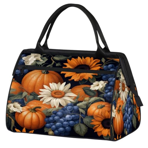 Pumpkin Sunflowers Daisy Grapes Gym Bag for Women Men, Travel Sports Duffel Bag with Trolley Sleeve, Waterproof Sports Gym Bag Weekender Overnight Bag Carry On Tote Bag for Travel Gym Sport, Kürbis von cfpolar