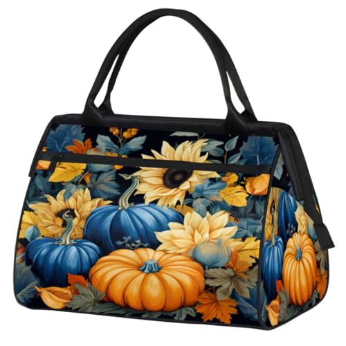 Pumpkin Sunflowers Leaves Gym Bag for Women Men, Travel Sports Duffel Bag with Trolley Sleeve, Waterproof Sports Gym Bag Weekender Overnight Bag Carry On Tote Bag for Travel Gym Sport, Kürbis von cfpolar