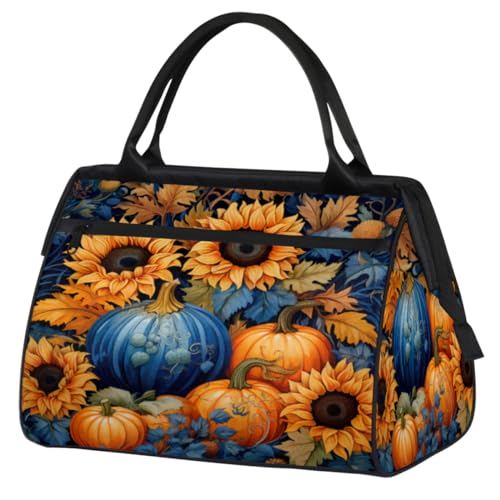 Pumpkin Sunflowers Leaves Pattern Gym Bag for Women Men, Travel Sports Duffel Bag with Trolley Sleeve, Waterproof Sports Gym Bag Weekender Overnight Bag Carry On Tote Bag for Travel Gym Sport, Kürbis von cfpolar