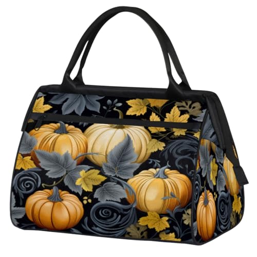 Pumpkins Black Golden Leaves Gym Bag for Women Men, Travel Sports Duffel Bag with Trolley Sleeve, Waterproof Sports Gym Bag Weekender Overnight Bag Carry On Tote Bag for Travel Gym Sport, Kürbisse von cfpolar