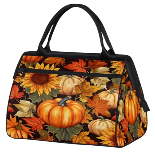 Pumpkins Maple Leaves Sunflowers Gym Bag for Women Men, Travel Sports Duffel Bag with Trolley Sleeve, Waterproof Sports Gym Bag Weekender Overnight Bag Carry On Tote Bag for Travel Gym Sport, Kürbisse von cfpolar