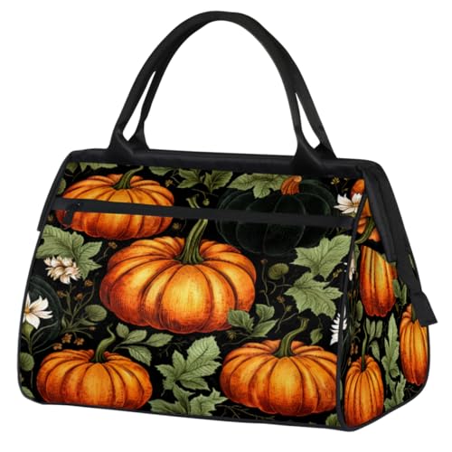 Pumpkins White Flowers Leaves Gym Bag for Women Men, Travel Sports Duffel Bag with Trolley Sleeve, Waterproof Sports Gym Bag Weekender Overnight Bag Carry On Tote Bag for Travel Gym Sport, Kürbisse von cfpolar