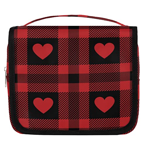 Red Tartan Check Plaid Valentinstag hängende Reise Kulturbeutel, tragbare Make-up-Kosmetiktasche für Frauen mit Aufhängehaken, wasserabweisender Kulturbeutel Organizer für Toilettenartikel, Dusche, von cfpolar