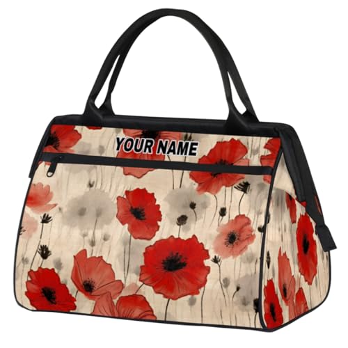 Reisetasche für Damen und Herren, personalisierbar, wasserdicht, Sporttasche, Wochenendtasche, Übernachtungstasche, Tragetasche, Vintage-Blumenmuster, rote Mohnblumen, Vintage Floral Red Poppy von cfpolar