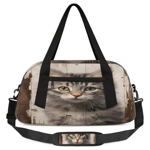 Reisetasche für Kinder, Motiv: niedliche Katze, Retro, Holzmalerei, leicht, wasserabweisend, faltbar, Sporttasche, Wochenender, Übernachtung, Handgepäcktasche für Schule, Praxis, Reisen, Jungen und von cfpolar