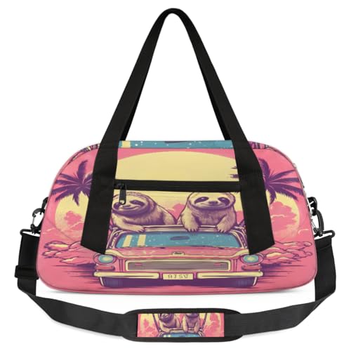 Reisetasche für Kinder, Retro-Faultier, Auto, Kokosnussbaum, leicht, wasserabweisend, faltbar, Sport, Turnbeutel, Wochenender, Übernachtung, Handgepäcktasche für Schule, Praxis, Reisen, Jungen und von cfpolar