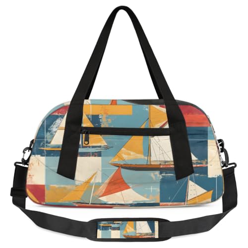 Reisetasche für Kinder, Retro-Segelboote, geometrisches Muster, leicht, wasserabweisend, faltbar, Sport, Turnbeutel, Wochenender, Übernachtung, Handgepäcktasche für Schule, Praxis, Reisen, Jungen und von cfpolar