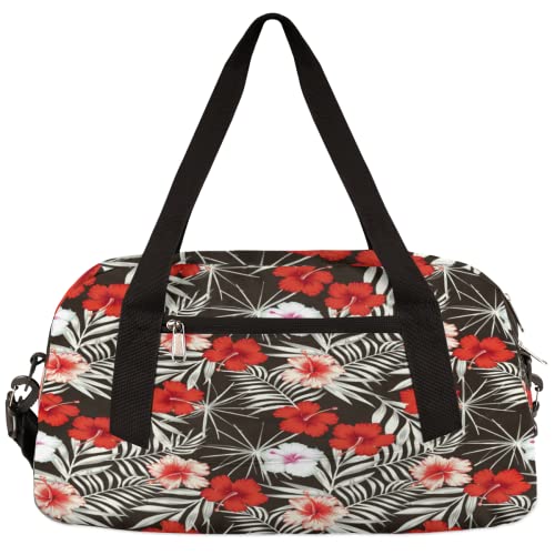 Rot-weiße Hibiskusblüten Blätter Kinder Duffle Bag Mädchen Tanztasche Leicht Wasserabweisend Faltbar Sport Gym Bag Weekender Übernachtung Übernachtung Handgepäck Reisetasche für Jungen Mädchen von cfpolar