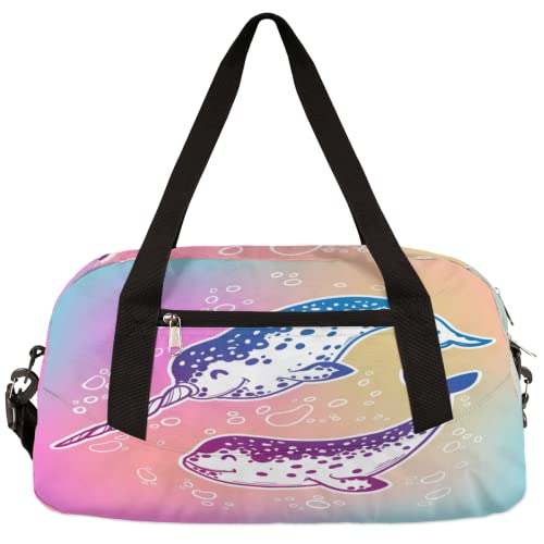 Sea Narwhale Wal Kinder Duffle Bag Mädchen Tanztasche Leicht Wasserabweisend Faltbar Sport Gym Bag Weekender Übernachtung Übernachtung Handgepäck Reisetasche für Jungen Mädchen von cfpolar