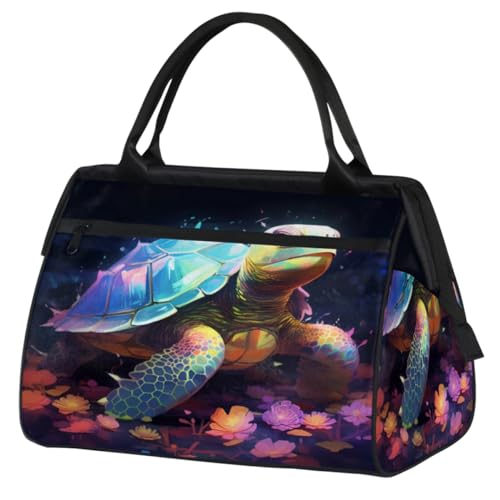 Sea Turtle Flowers Gym Bag for Women Men, Travel Sports Duffel Bag with Trolley Sleeve, Waterproof Sports Gym Bag Weekender Overnight Bag Carry On Tote Bag for Travel Gym Sport, Meeresschildkröte von cfpolar