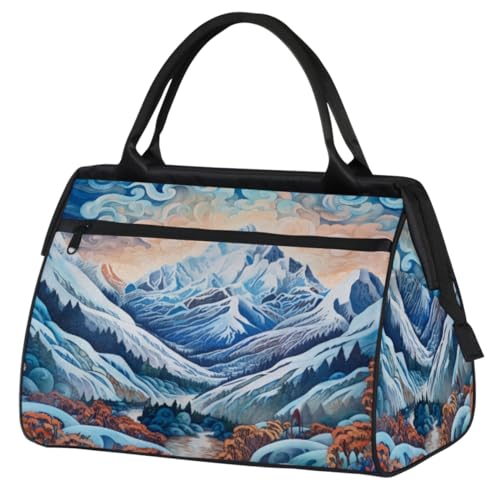 Snowy Mountains Painting Gym Bag for Women Men, Travel Sports Duffel Bag with Trolley Sleeve, Waterproof Sports Gym Bag Weekender Overnight Bag Carry On Tote Bag for Travel Gym Sport, Verschneite von cfpolar
