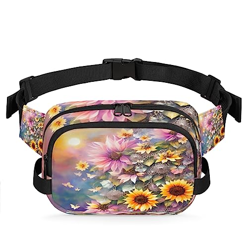 Sonnenblumen-Gürteltasche mit silberfarbenen Ketten und Schmetterlingen für Männer und Frauen, modische Crossbody-Gürteltaschen, quadratische Hüfttasche mit verstellbarem Riemen für Reisen, Wandern, von cfpolar